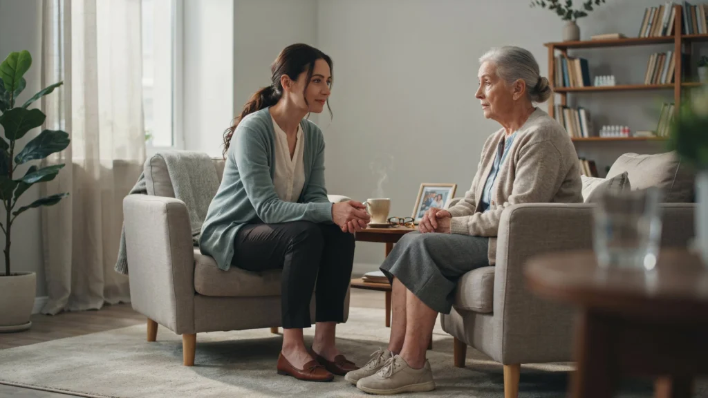 A caregiver sits across from an older woman in a bright living room, both leaning in during a calm conversation.