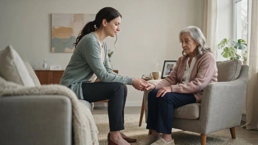 A caregiver gently holds the hand of an older woman who looks down thoughtfully, both seated in a quiet living room.
