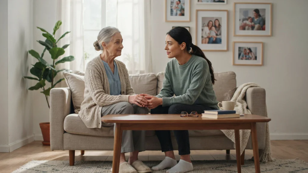 Young woman sitting on a sofa holding hands with an elderly woman with gray hair, both smiling warmly at each other in a bright living room.