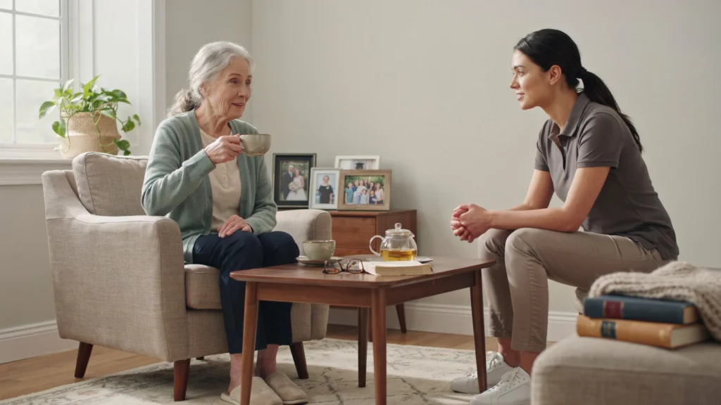 A home care aide in a gray polo shirt sits facing an elderly woman in an armchair who is drinking tea, both smiling in conversation in a cozy living room.