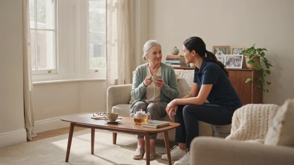 A home care worker in a navy polo shirt sits on an ottoman, smiling and talking with an elderly woman holding a cup of tea in a sunlit living room.