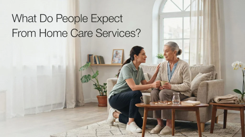 A caregiver in a light green polo shirt kneels beside an elderly woman on a sofa, placing a hand gently on her shoulder while handing her a cup, with text reading "What Do People Expect From Home Care Services?"
