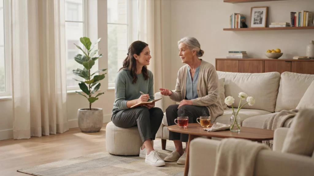 Care coordinator taking notes while talking with a senior woman during an in-home consultation