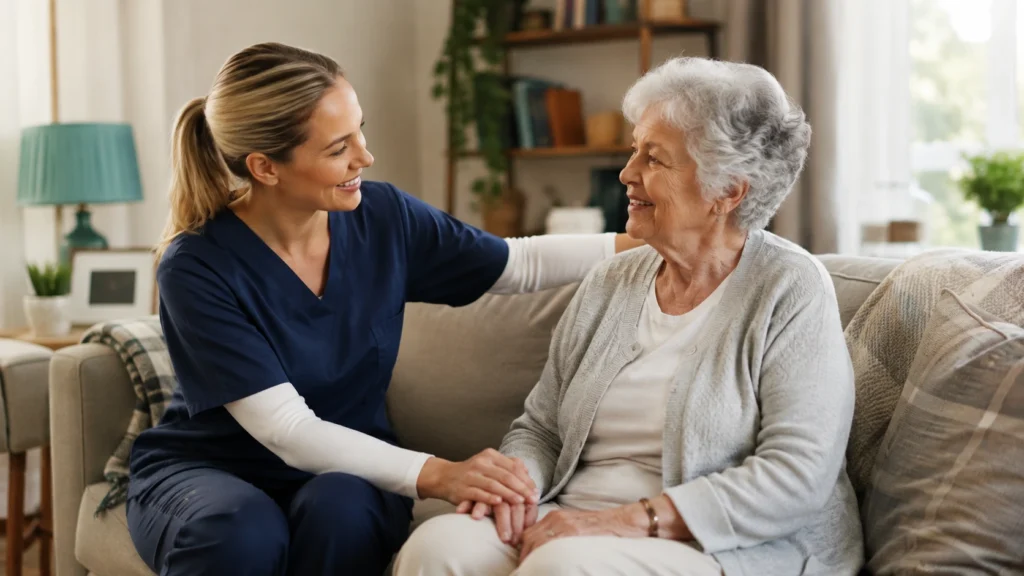 Caregiver in navy scrubs gently touching the hand of a smiling senior woman in a cozy living room