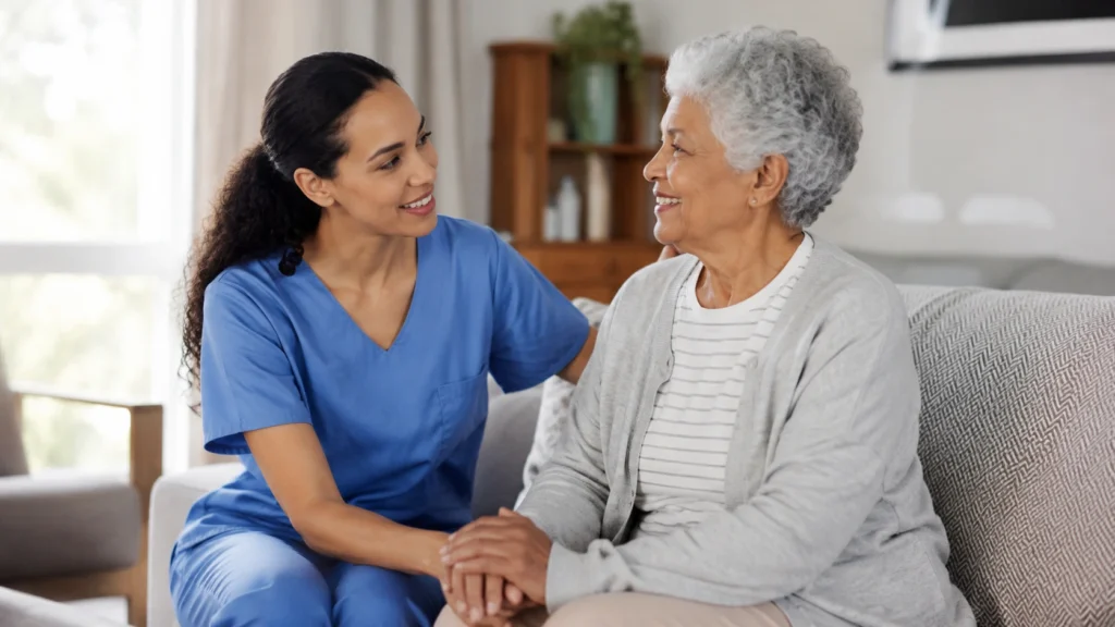 Smiling caregiver in blue scrubs holding hands with a senior woman on a couch at home