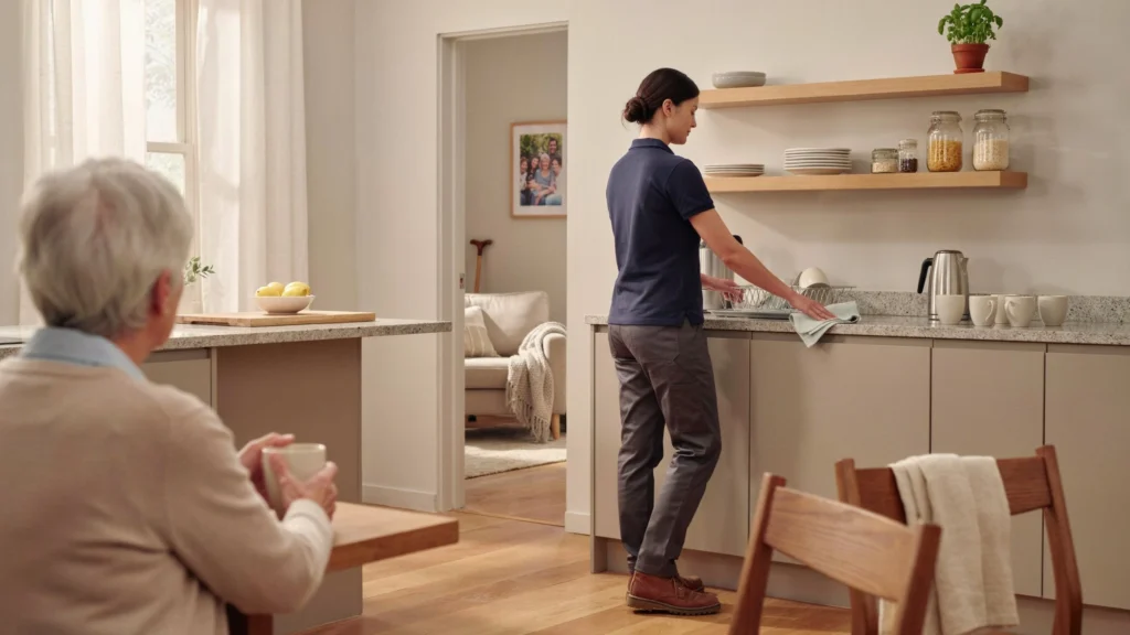 Caregiver wiping down kitchen counters while a senior woman relaxes nearby with a cup of coffee