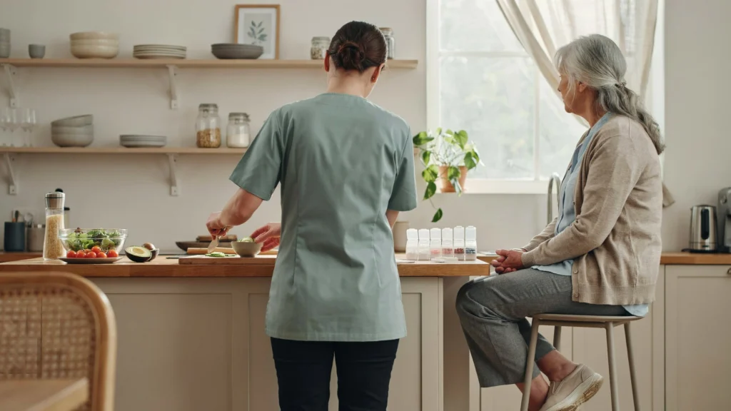 Caregiver chopping vegetables in a kitchen while a senior woman sits at the counter near an organized weekly pill container
