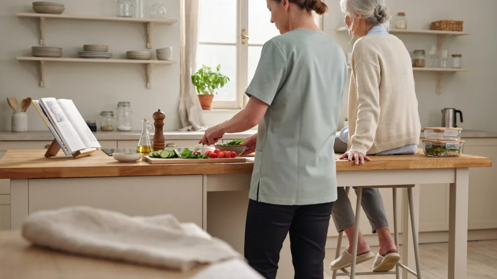 Caregiver in scrubs chopping fresh vegetables at a kitchen counter while a senior woman sits nearby on a stool