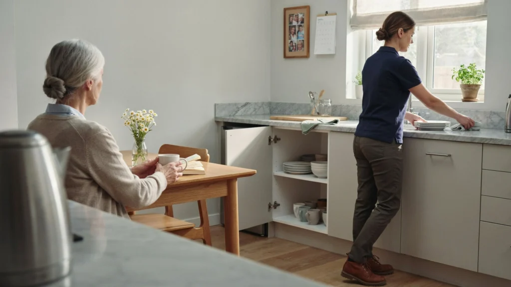 Caregiver washing dishes at the sink while a senior woman sits at a nearby table reading with tea