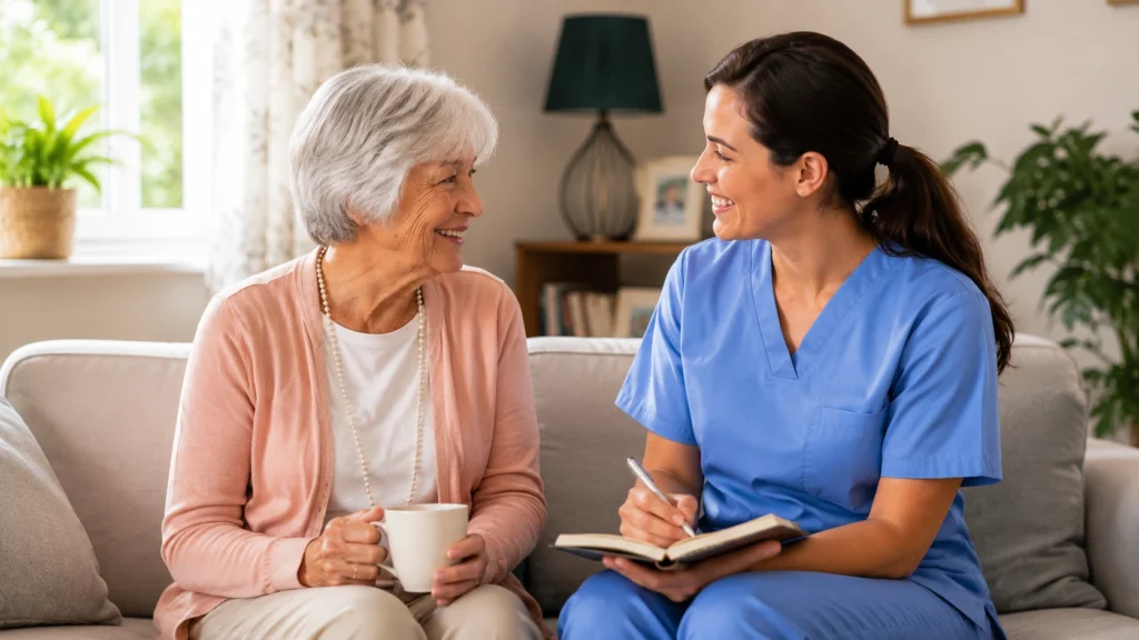 Senior woman receiving companionship and caregiver support at home