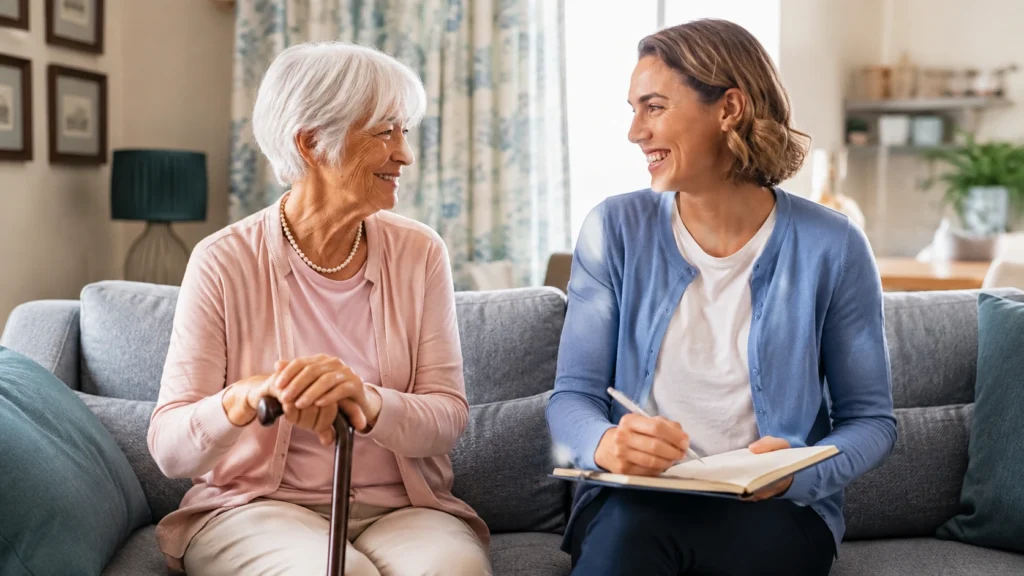 Elderly woman talking with a professional caregiver at home