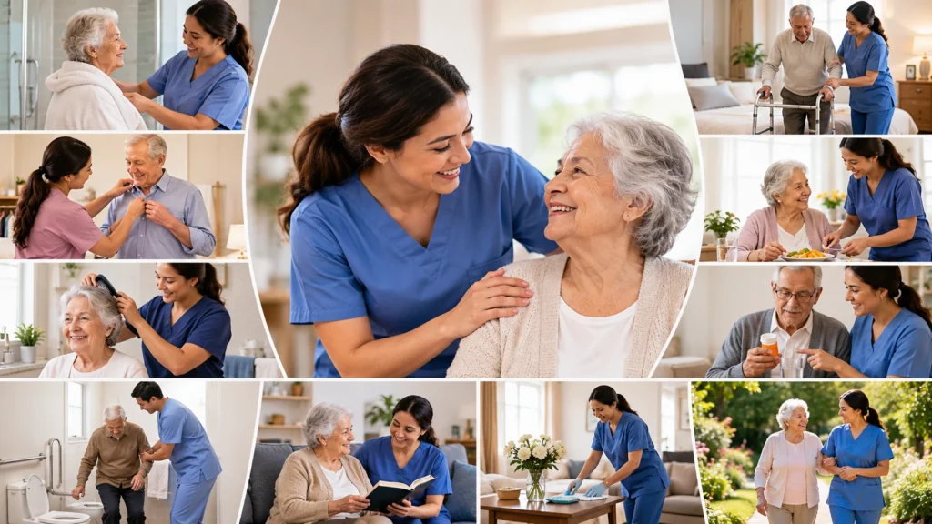 Caregiver providing different types of personal care services to seniors