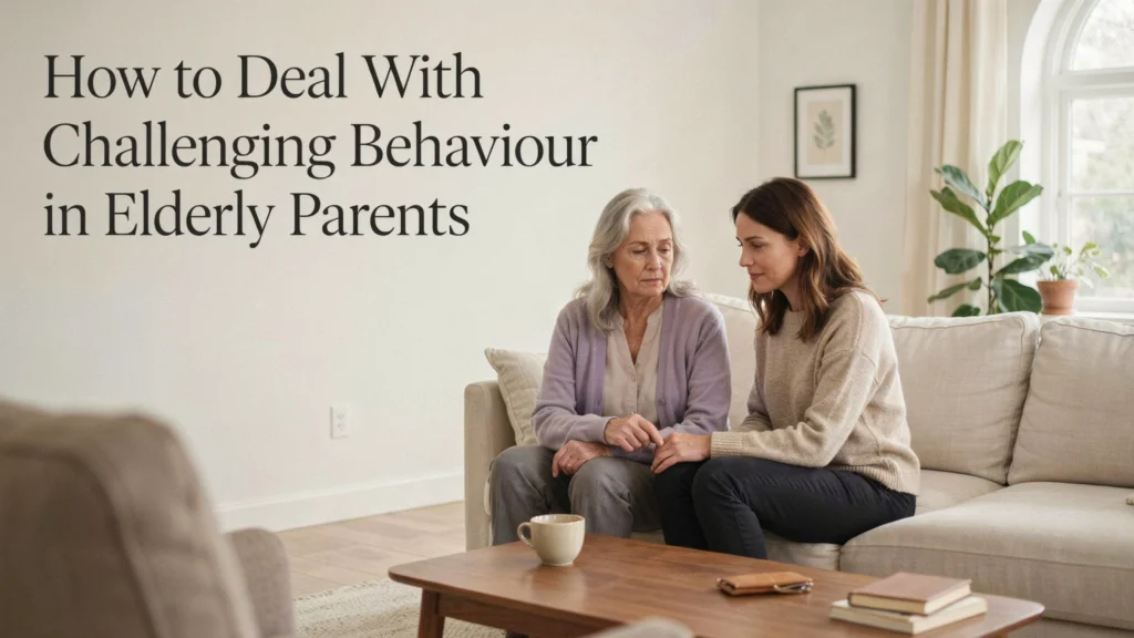 Adult daughter comforting her elderly mother on a couch while discussing challenging behavior in elderly parents