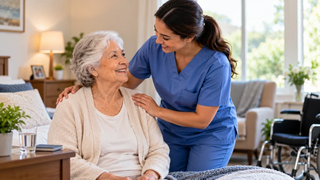 Caregiver providing personal care services to an elderly woman at home