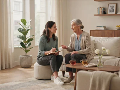 Care coordinator taking notes while talking with a senior woman during an in-home consultation