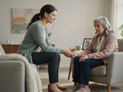 A caregiver gently holds the hand of an older woman who looks down thoughtfully, both seated in a quiet living room.