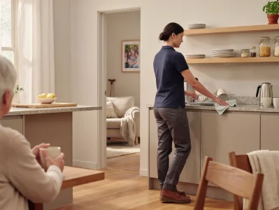 Caregiver wiping down kitchen counters while a senior woman relaxes nearby with a cup of coffee