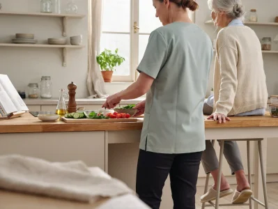 Caregiver in scrubs chopping fresh vegetables at a kitchen counter while a senior woman sits nearby on a stool