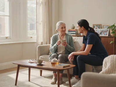 A home care worker in a navy polo shirt sits on an ottoman, smiling and talking with an elderly woman holding a cup of tea in a sunlit living room.