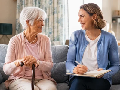 Elderly woman talking with a professional caregiver at home