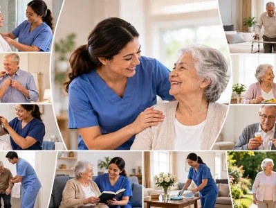 Caregiver providing different types of personal care services to seniors